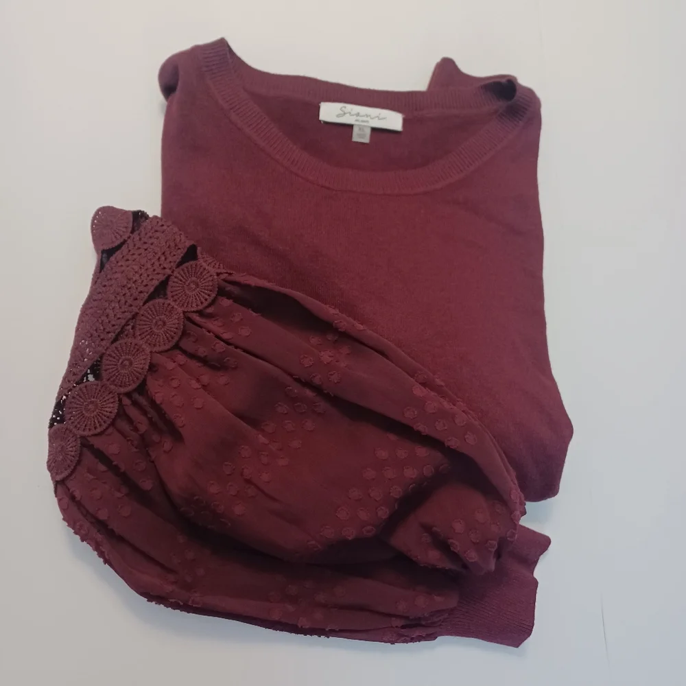 Siani Milano Burgandy Lace Sleeve Sweater Sz XL
